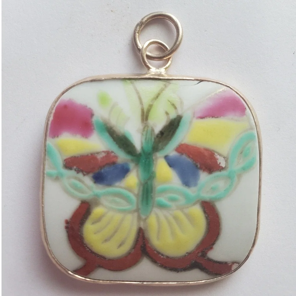 Vintage Hand Painted Porcelain Butterfly Pendant Square Silver Tone Charm Focal